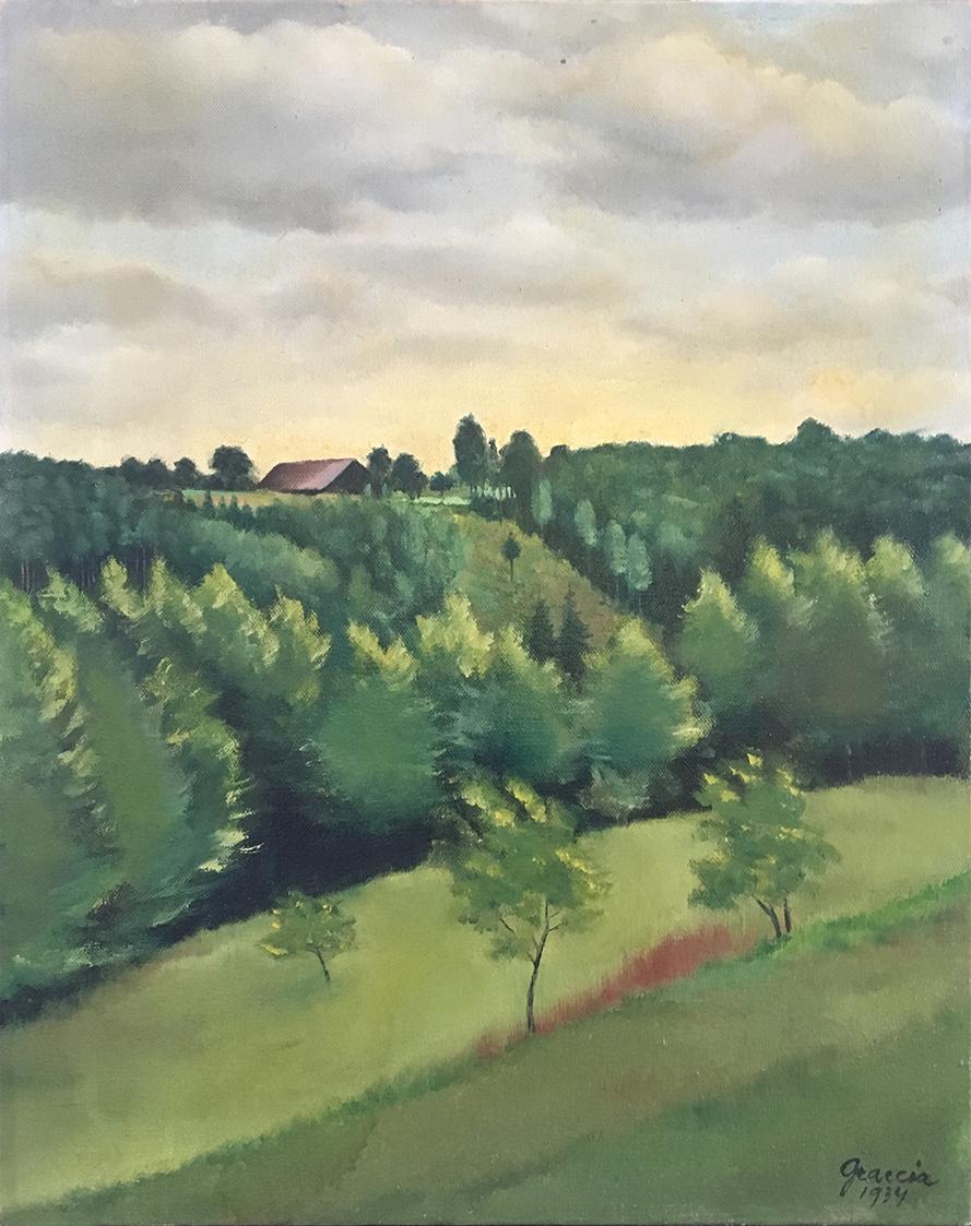 Unbekannter Künstler, Hügelige Landschaft, 1934, Öl auf Leinwand, ungerahmt: 62,5 × 50 cm, Belv…