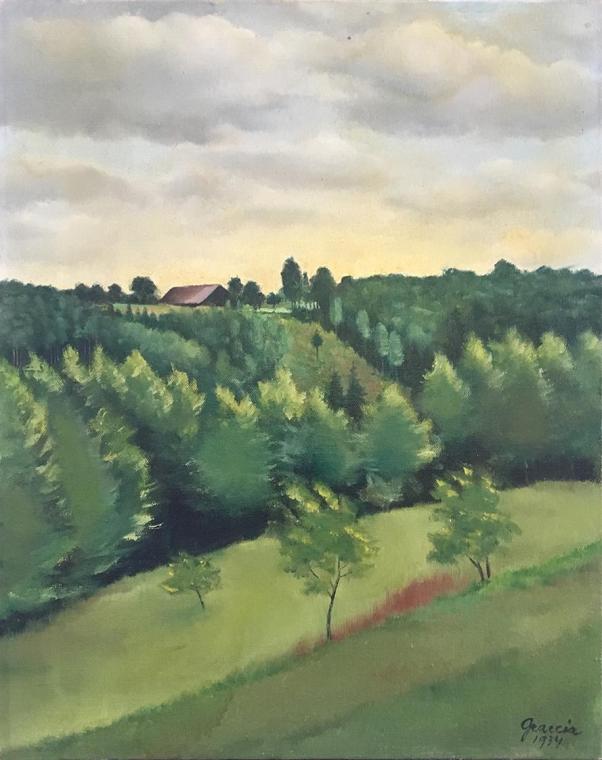 Unbekannter Künstler, Hügelige Landschaft, 1934, Öl auf Leinwand, ungerahmt: 62,5 × 50 cm, Belv…