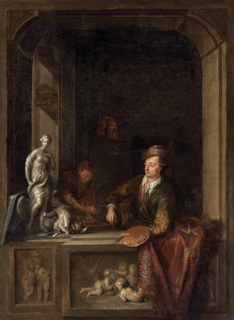 Adam Johann Braun, Der Künstler in seinem Atelier, undatiert, Öl auf Kupfer, 50 x 36 cm, Belved…