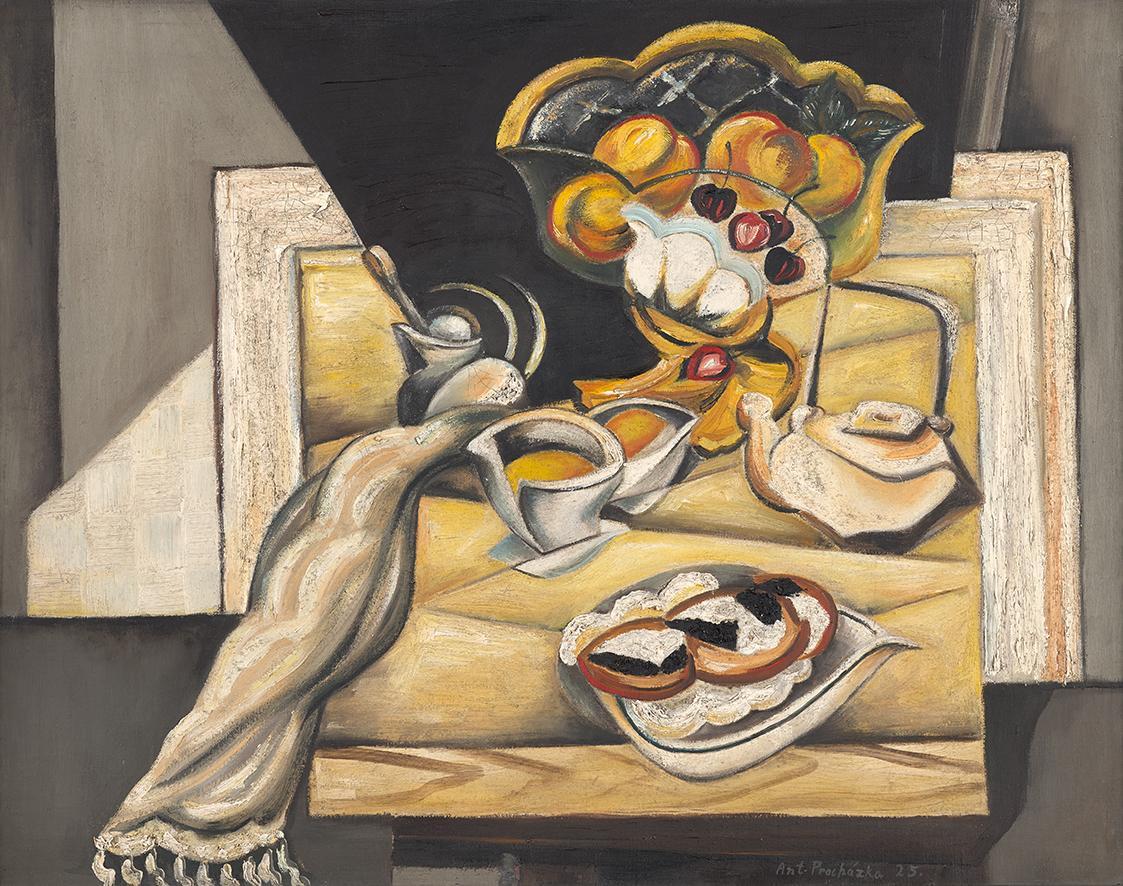 Antonín Procházka, Stillleben mit Tablett und Kuchen, 1925, Öl und Sandpaste auf Leinwand, 55 × ...