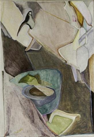 Josef Gabler, Kanne, Sessel, Flasche, Raum, 1960, Öl auf Leinwand, 80 x 55 cm, Belvedere, Wien,…