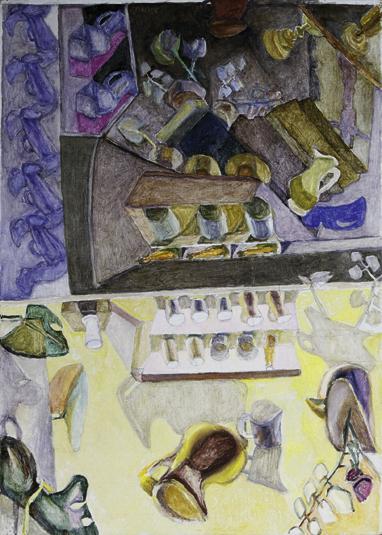 Josef Gabler, Stillleben, 1986, Öl, Tusche auf Leinwand, 88,5 x 63,5 cm, Belvedere, Wien, Inv.-…