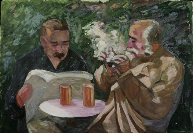 Walther Gamerith, Männer in Wirtshausgarten, vor 1949, Öl auf Karton, 74 x 103 cm, Belvedere, W…