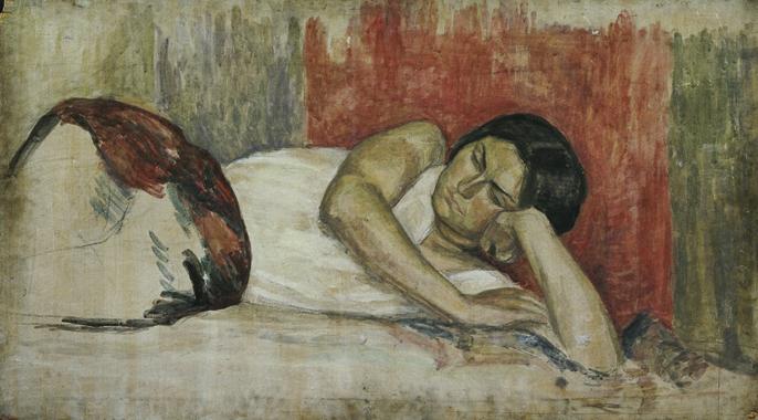 Walther Gamerith, Liegende Frau, vor 1949, Öl auf Sperrholz, ungerahmt: 65 × 117,5 × 0,3 cm, Be…
