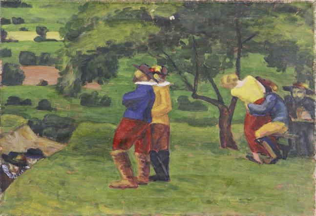 Walther Gamerith, Landschaft mit Landsknechten, vor 1949, Öl auf Leinwand, ungerahmt: 55 × 80 ×…