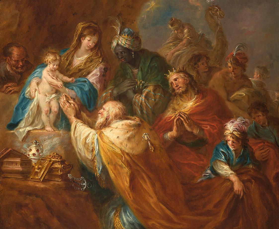 Martin Johann Schmidt, Anbetung der Heiligen Drei Könige, 1784, Öl auf Kupfer, 28 x 33 cm, Belv…
