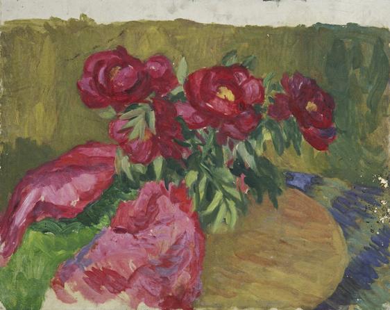 Walther Gamerith, Pfingstrosen auf Tisch, vor 1949, Öl auf Hartfaserplatte, 50 x 68,5 cm, Belve…