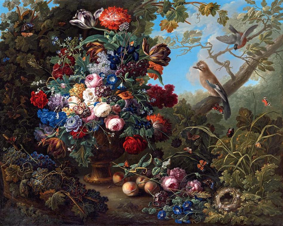 Johann Baptist Drechsler, Großes Blumenstillleben mit Vögeln, 1799, Öl auf Leinwand, 127 x 159 …