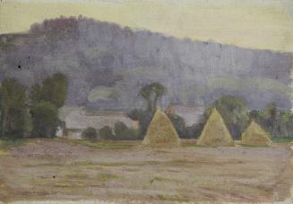 Walther Gamerith, Landschaft mit Heuschobern, vor 1949, Öl auf Leinwand auf Karton, 36 x 51 cm,…