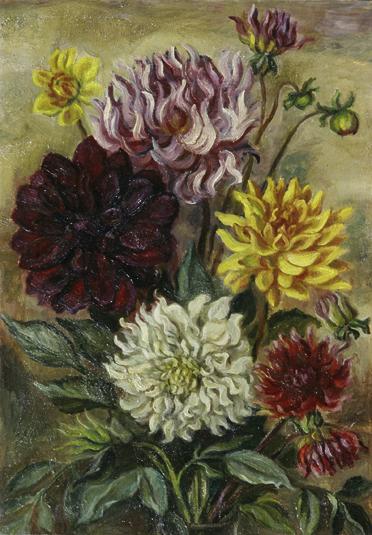 Irma Lang-Scheer, Dahlien, um 1940, Öl auf Leinwand, 68,2 × 48,3 cm, Belvedere, Wien, Inv.-Nr. …