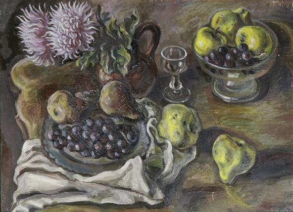 Irma Lang-Scheer, Stillleben mit Weintrauben, Öl auf Pappe, 51 x 71 cm, Belvedere, Wien, Inv.-N…
