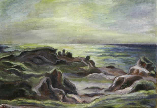 Irma Lang-Scheer, Küstenlandschaft, Öl auf Leinwand auf Karton, 44,5 x 63,5 cm, Belvedere, Wien…