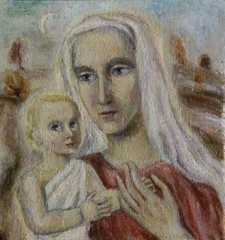 Irma Lang-Scheer, Mutter mit Kind, um 1940, Öl auf Leinwand, 26,7 × 25,7 cm, Belvedere, Wien, I…