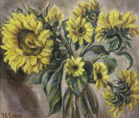 Irma Lang-Scheer, Sonnenblumenstrauß, 1958, Öl auf Malpappe, 41,5 x 48 cm, Belvedere, Wien, Inv…