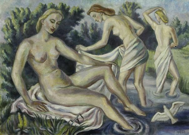Irma Lang-Scheer, Sonnenbad im Moor, 1946, Öl auf Leinwand, 76,5 x 107,5 cm, Belvedere, Wien, I…
