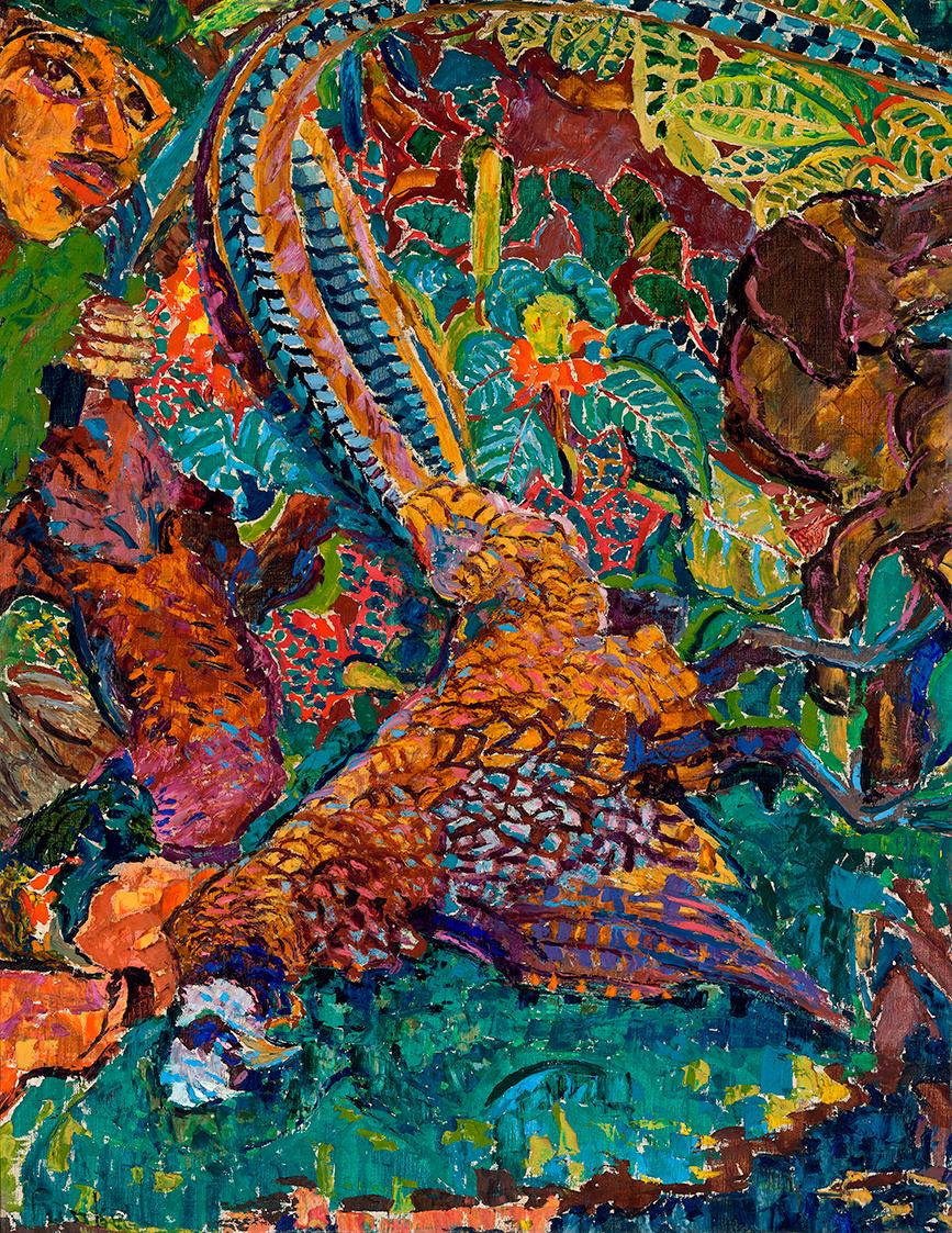 Helene Funke, Stillleben mit Fasan, Jägerkopf und Hund, 1922, Öl auf Leinwand, 87 x 68 cm, Belv…