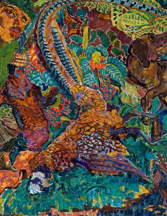 Helene Funke, Stillleben mit Fasan, Jägerkopf und Hund, 1922, Öl auf Leinwand, 87 x 68 cm, Belv…