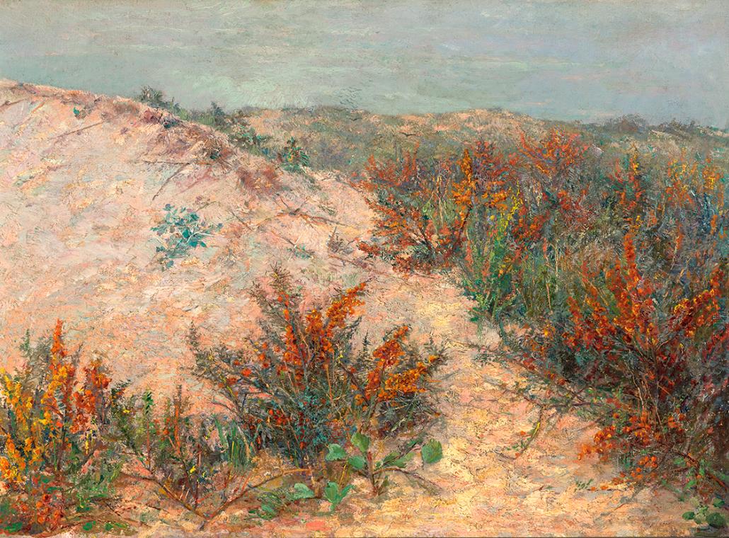 Emilie Mediz-Pelikan, Dünen mit Stranddorn bei Knokke, 1890, Öl auf Leinwand, 40,5 x 56 cm, Bel ...