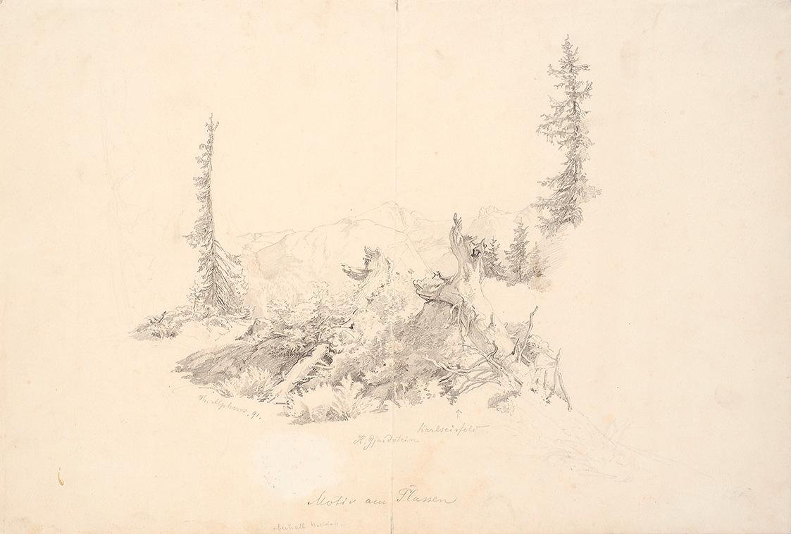 Theodor Alphons, Motiv aus Plassen oberhalb Hallstatt, 1891, Bleistift auf Papier, 28,2 × 41 cm…