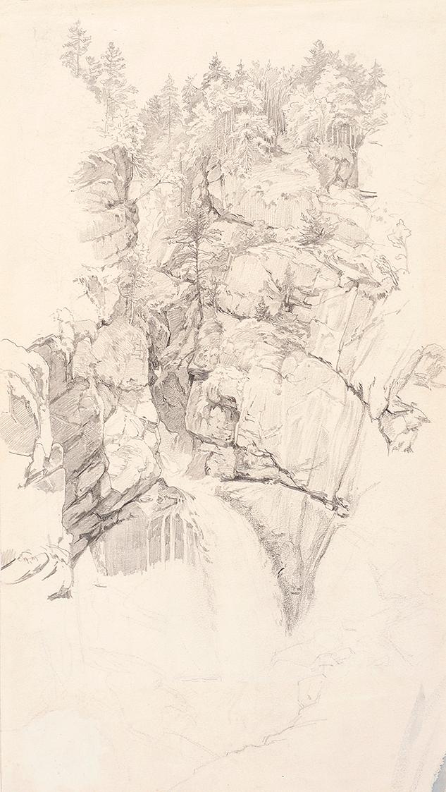 Theodor Alphons, Michelbach bei Hallstatt, Wasserfall, 1882/1894, Bleistift auf Papier, 36 × 21…