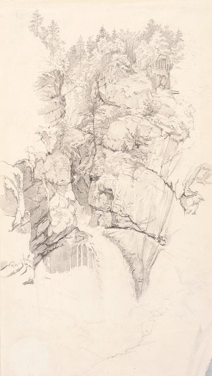 Theodor Alphons, Michelbach bei Hallstatt, Wasserfall, 1882/1894, Bleistift auf Papier, 36 × 21…