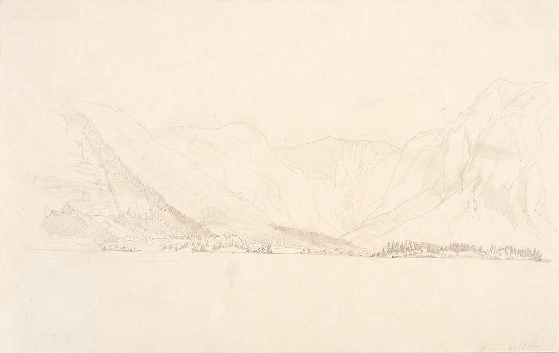 Theodor Alphons, Hallstatt. Blick vom See ins Land, um 1892, Bleistift auf Japanpapier, 17,4 × …