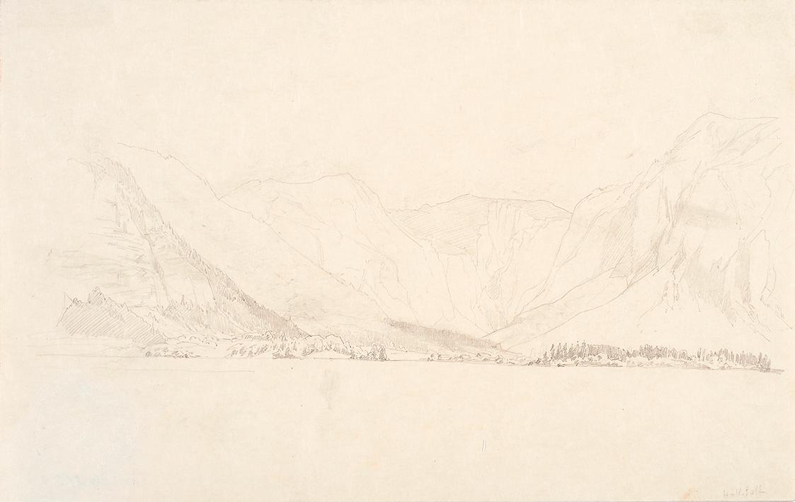 Theodor Alphons, Hallstatt. Blick vom See ins Land, um 1892, Bleistift auf Japanpapier, 17,4 ×  ...