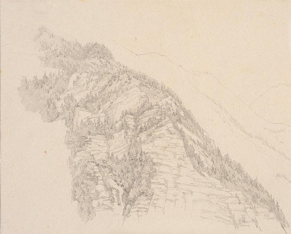 Theodor Alphons, Bergabhang, Felsen und Baumgruppen, um 1892, Bleistift auf Papier, 14,2 × 17,2…