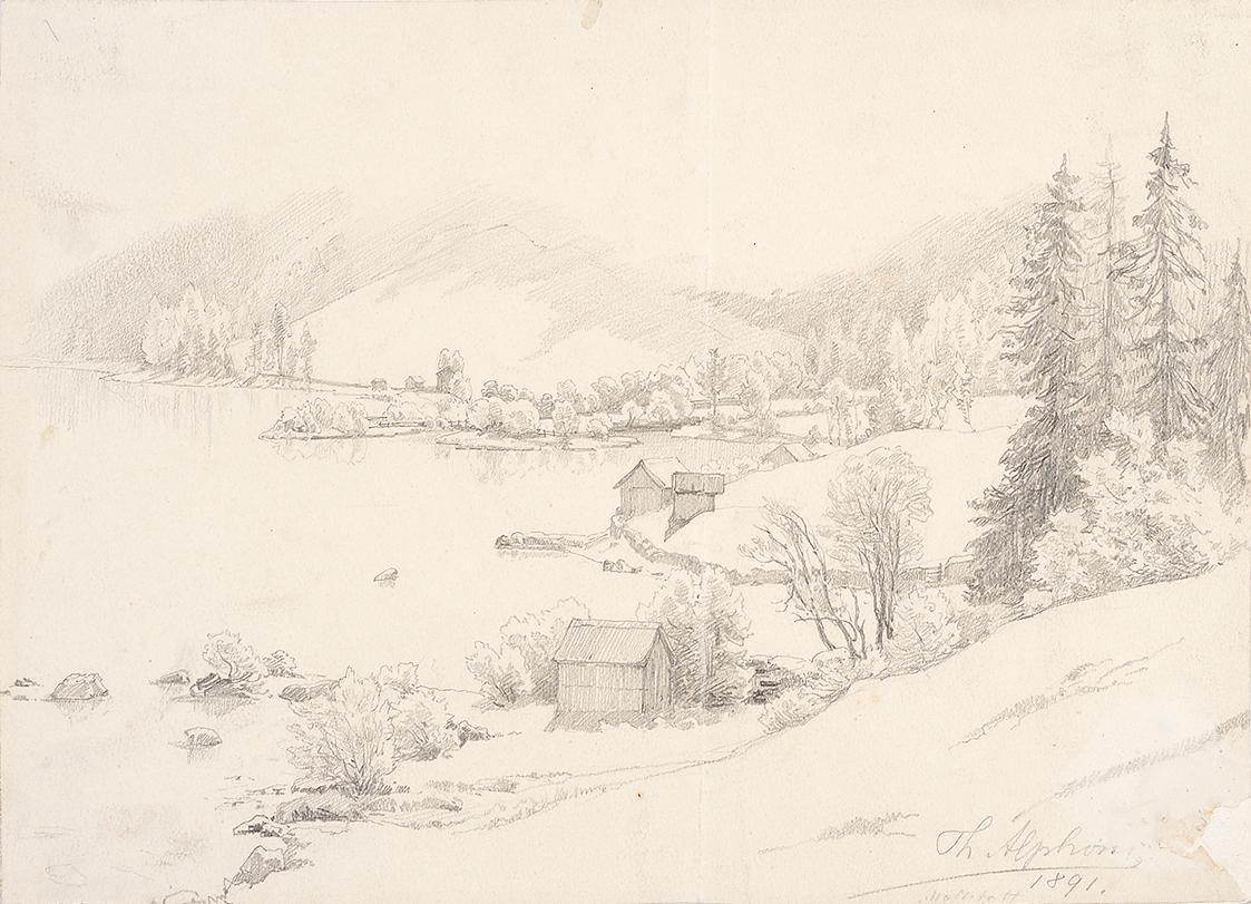 Theodor Alphons, Hallstatt. Weiter Blick am Seeufer, 1891, Bleistift auf Papier, 19,2 × 26,8 cm…