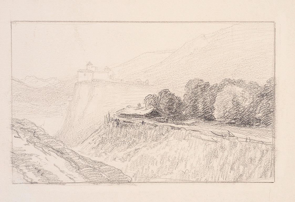 Theodor Alphons, Entwurf. Burg, im Vordergrund Bäume, 1882/1894, Bleistift auf Papier, 14 × 21 …