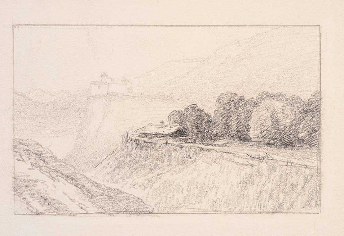 Theodor Alphons, Entwurf. Burg, im Vordergrund Bäume, 1882/1894, Bleistift auf Papier, 14 × 21 …