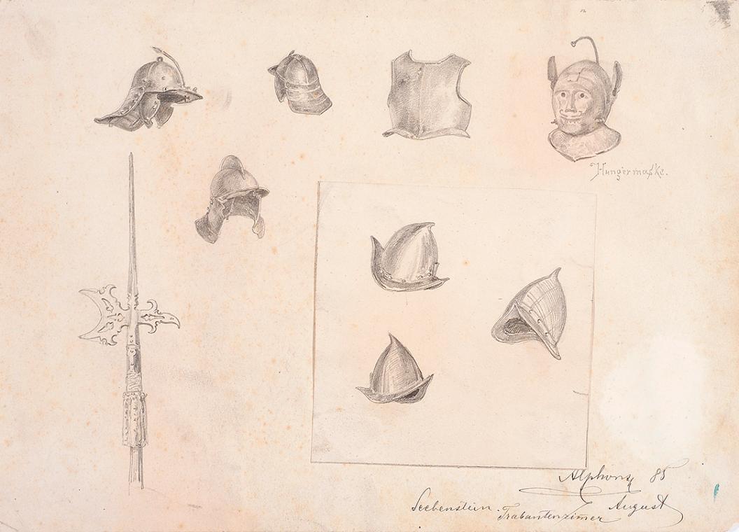 Theodor Alphons, Seebenstein, Trabantenzimmer, Helme, 1885, Bleistift auf Papier, 20,8 × 28,7 c…