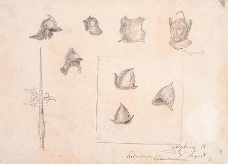 Theodor Alphons, Seebenstein, Trabantenzimmer, Helme, 1885, Bleistift auf Papier, 20,8 × 28,7 c…
