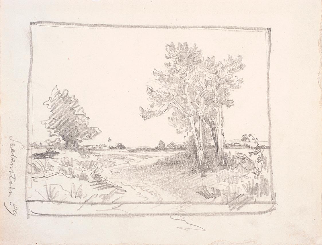 Theodor Alphons, Seebenstsein. Ebene mit Föhrengruppe, 1889, Bleistift auf Papier, 20,7 × 21,4 …