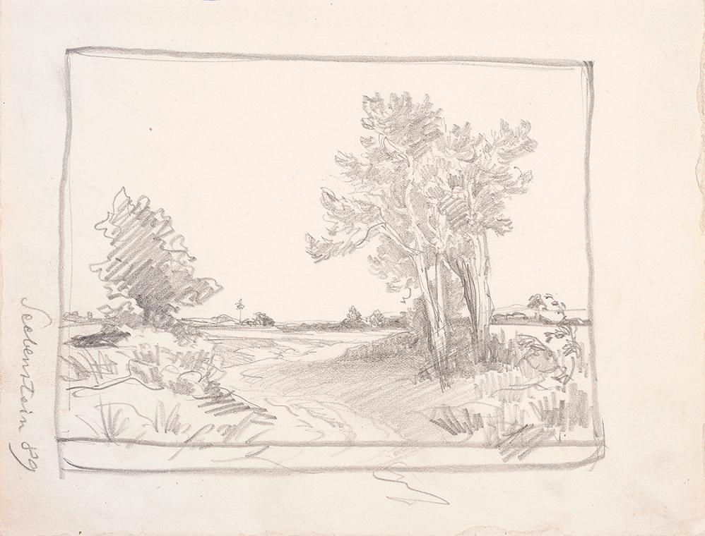 Theodor Alphons, Seebenstsein. Ebene mit Föhrengruppe, 1889, Bleistift auf Papier, 20,7 × 21,4 …
