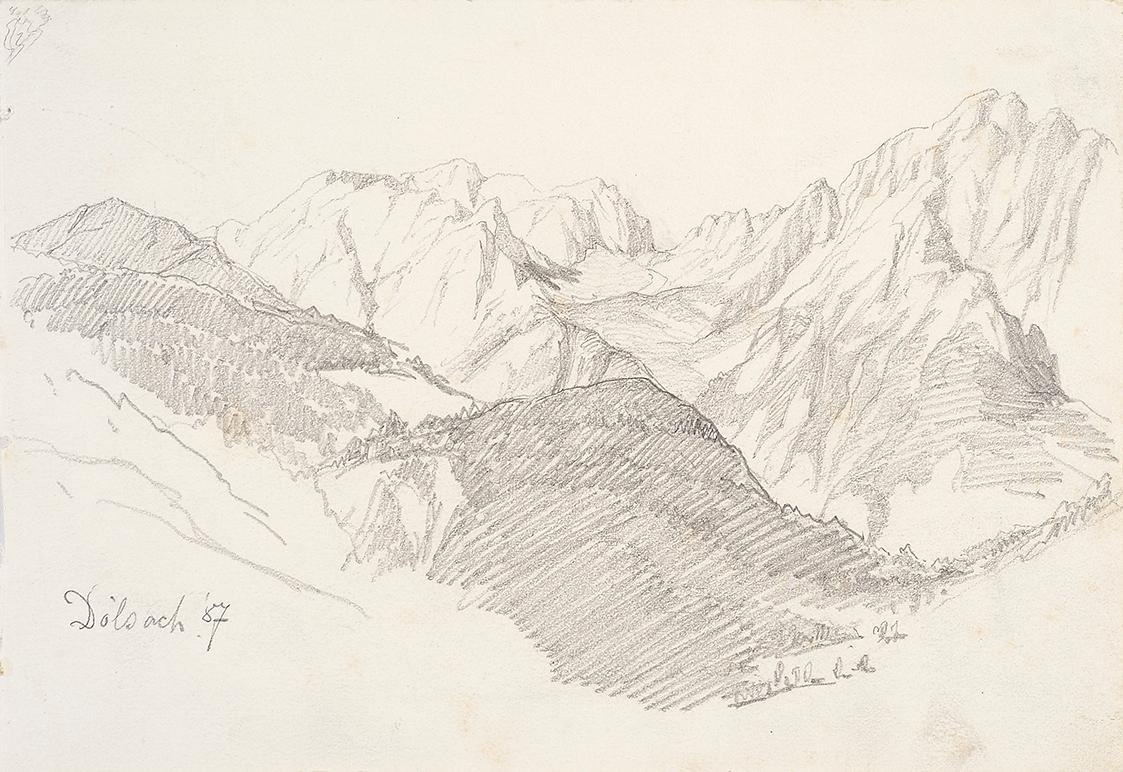 Theodor Alphons, Dölsach, Blick über die Vorberge ins Hochgebirge, 1887, Bleistift auf Papier,  ...