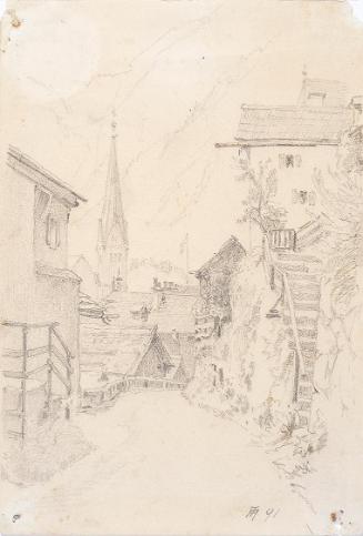 Theodor Alphons, Hallstatt. Straße unter der katholischen Kirche, 1891, Bleistift auf Papier, 1…