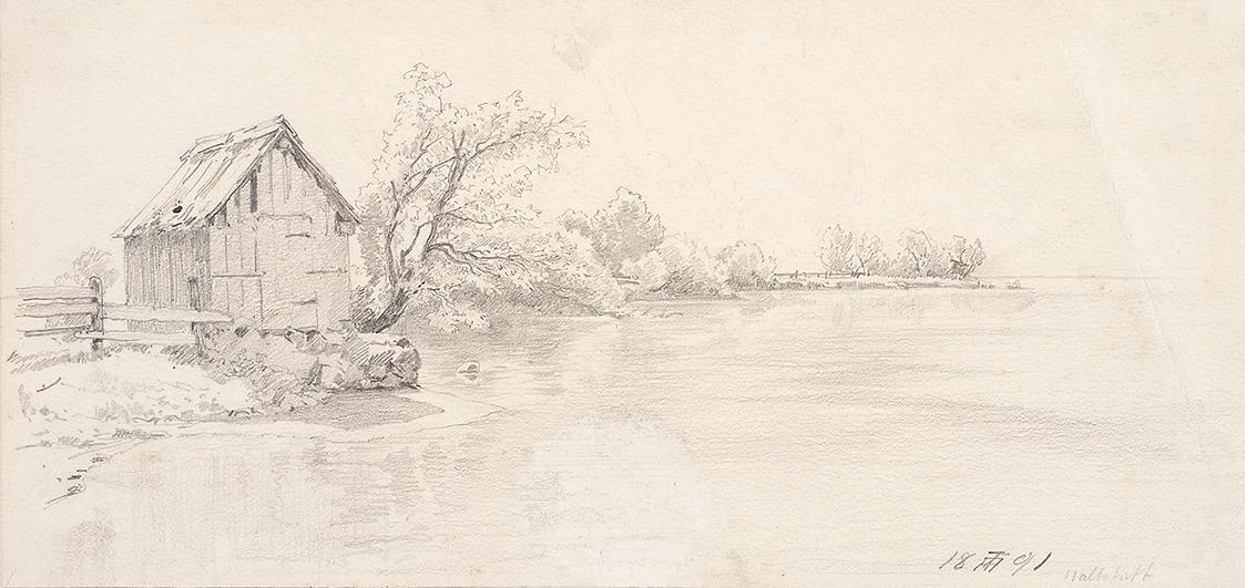 Theodor Alphons, Holzhütte am Seeufer in Hallstatt, 1891, Bleistift auf Papier, 12,3 × 25,6 cm,…