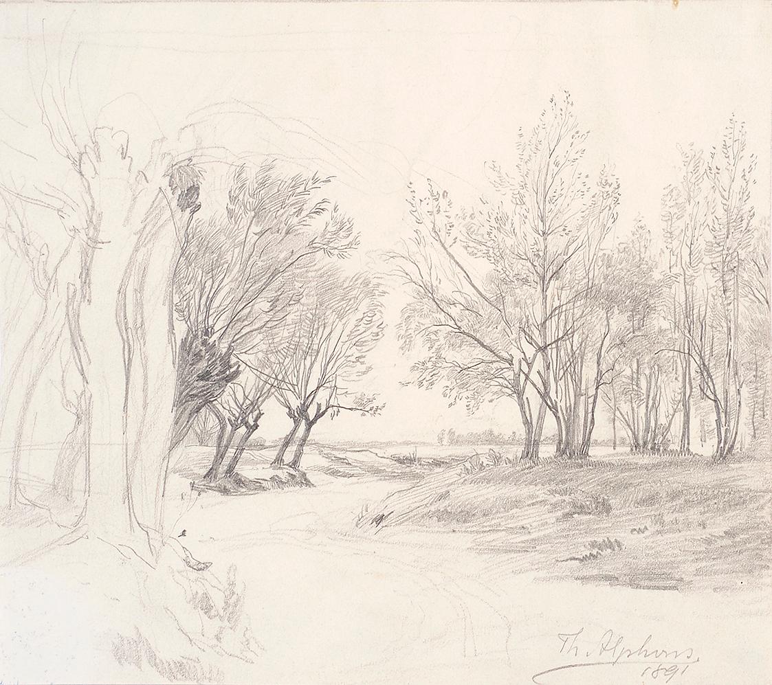 Theodor Alphons, Aulandschaft, 1891, Bleistift auf Papier, 18,4 × 21 cm, Belvedere, Wien, Inv.-…