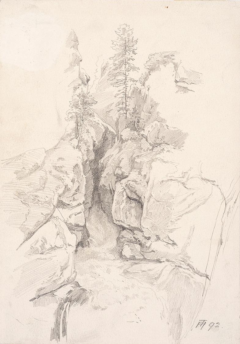 Theodor Alphons, Felsenhöhle beim Mühlbach in Hallstatt, 1892, Bleistift auf Papier, 21,4 × 15 …