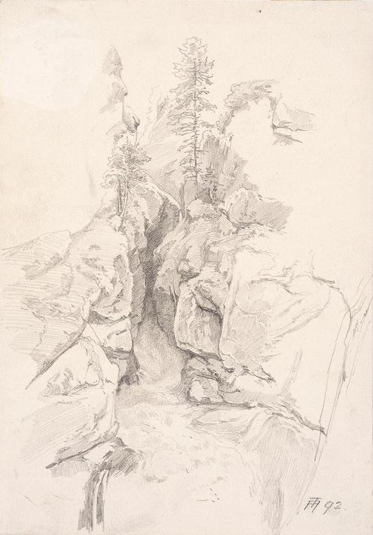 Theodor Alphons, Felsenhöhle beim Mühlbach in Hallstatt, 1892, Bleistift auf Papier, 21,4 × 15 …