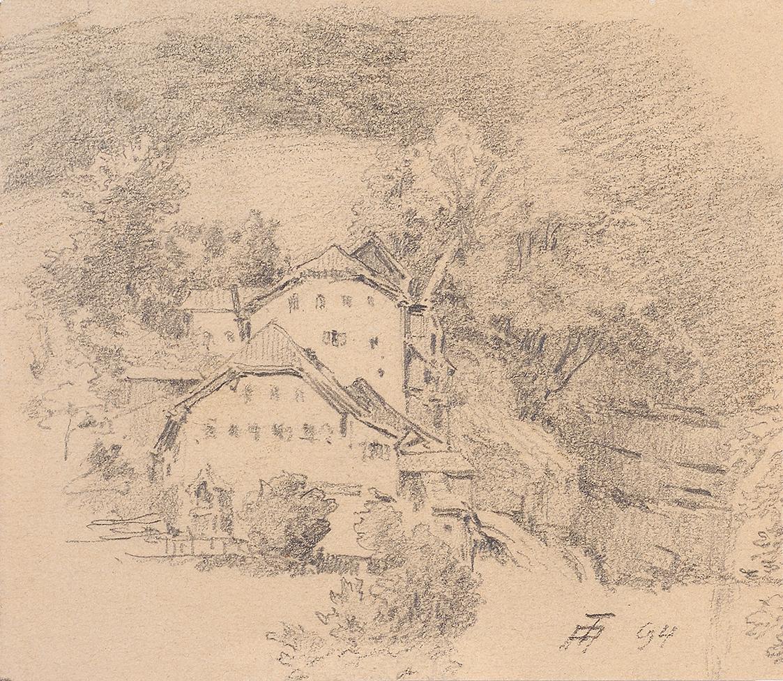 Theodor Alphons, Bauernhäuser am Berg bei Hallstatt, 1894, Bleistift auf Papier, 8,2 × 9,5 cm, …