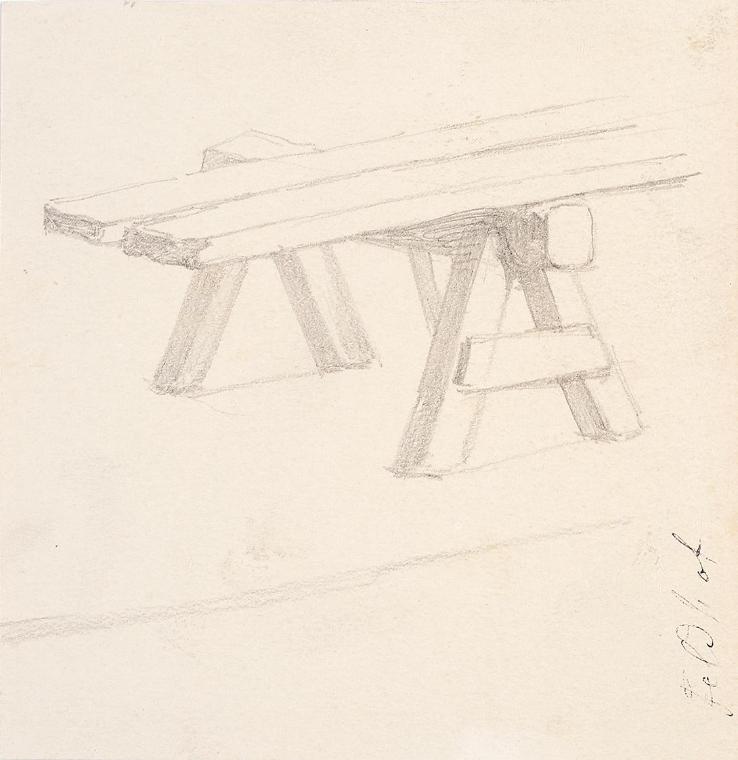 Theodor Alphons, Holzbock mit zwei Brettern, um 1890, Bleistift auf Papier, 9,5 × 8,5 cm, Belve…