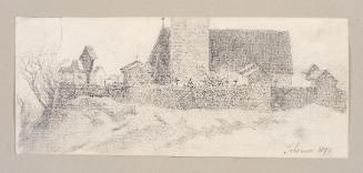 Theodor Alphons, Schenna. Kirche mit Friedhof, 1894, Bleistift auf Papier, 8,8 × 20,9 cm, Belve…