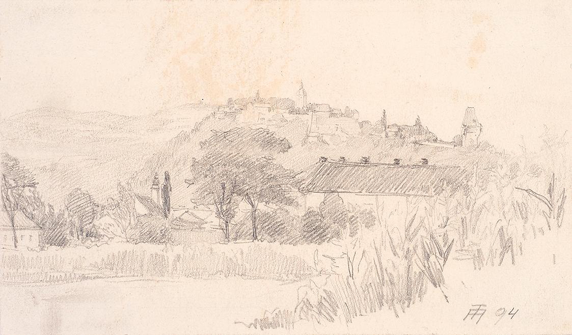 Theodor Alphons, Blick auf den Grazer Schlossberg von Nordwesten, 1894, Bleistift auf Papier, 1…