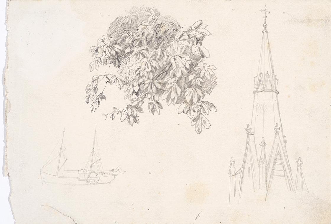 Theodor Alphons, Laubwerk, Turmhelm, Schiff, um 1880/1890, Bleistift auf Papier, 12,6 × 18,6 cm…