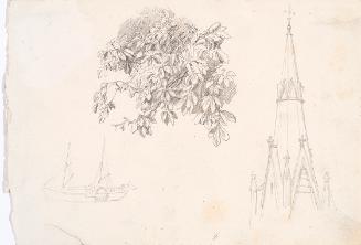 Theodor Alphons, Laubwerk, Turmhelm, Schiff, um 1880/1890, Bleistift auf Papier, 12,6 × 18,6 cm…