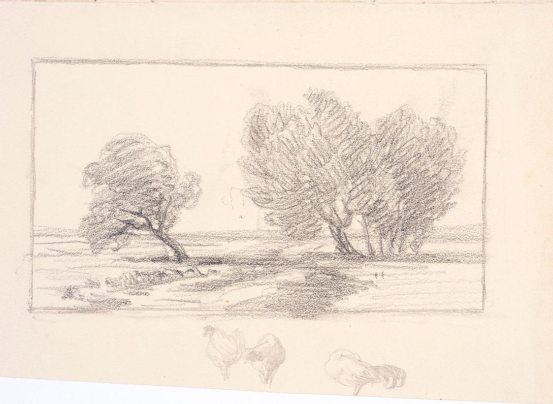 Landschaftsskizze, Hühner