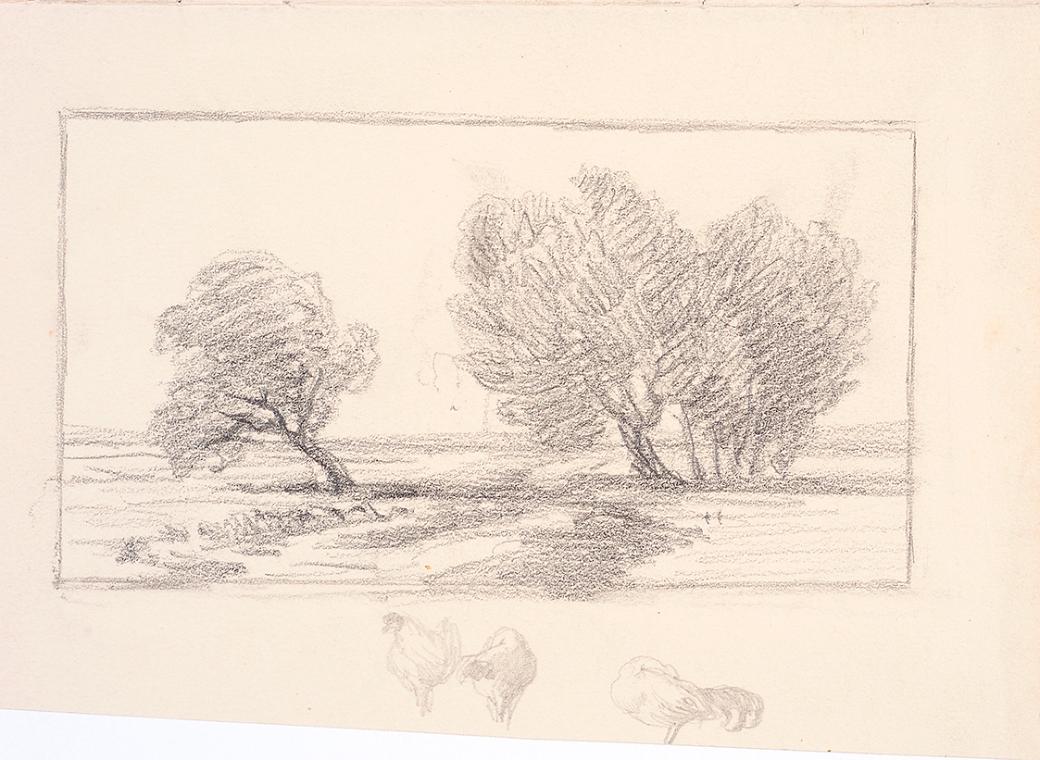 Landschaftsskizze, Hühner