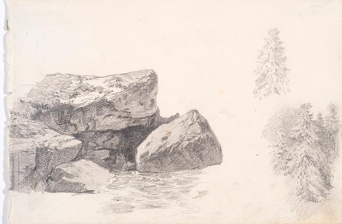 Theodor Alphons, Fels- und Baumstudie, um 1880/1890, Bleistift auf Papier, 12,6 × 18,5 cm, Belv…